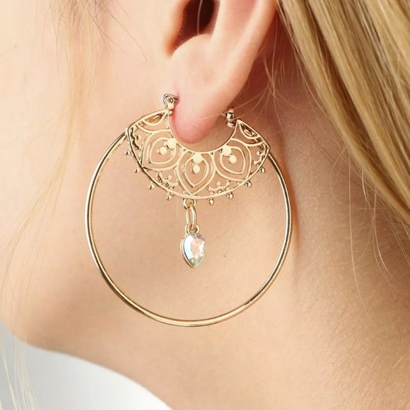 Jewelry - New~ Boho Heart Crystal Hoop Earrings